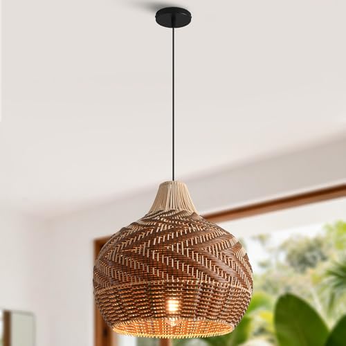 Bohemian Pendant Light, 19" Handwoven Rattan Chandelier, Farmhouse Ceiling Light with Adjustable Cord, Natural & Brown Hanging Light Fixture for Kitchen Island, Dining Room, Bedroom, Living Room - color: D3053