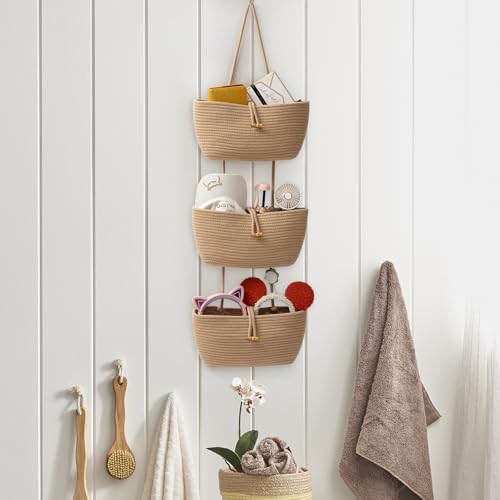 TeoKJ 3-Tier Cotton Rope Baskets with Button Strap Over the Door Wall Hanging Baskets for Nursery, Living Room, Bathroom, Door Storage Organizer for Decoration-Jute - color: Jute, style: 3 tier+Button
