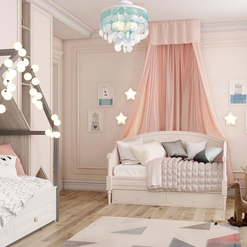 13.8" Natural Capiz Shell Chandelier 3 Light Mini Chandelier Boho Ceiling Light Entryway Light Fixture for Girls' Bedroom Hallway Living Room Dinning Room Brushed White Bulb Included - color: Ocean Blue, size: 13.8 inch