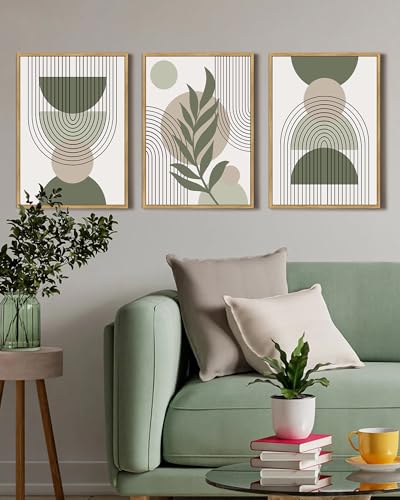 Drsoum 12x16in Boho Wall Art Green Sage Decor Framed Wood Modern Bohemian Abstract Geometry Canvas Prints Ready to Hang - color: green boho decor, Natural Framed, size: 12" x 16"