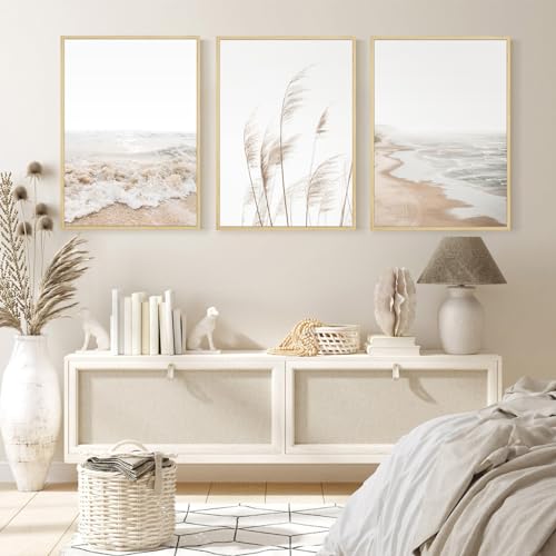 Beach Wall Art Boho Prints Coastal Canvas Wall Art FRAMED Beach Pictures Pampas Grass Ocean Poster Plant Landscape Scene Artwork for Living Room Bedroom Decor 12x16 Inch Set of 3 - color: Beach Art Prints, size: 16"L x 12"W