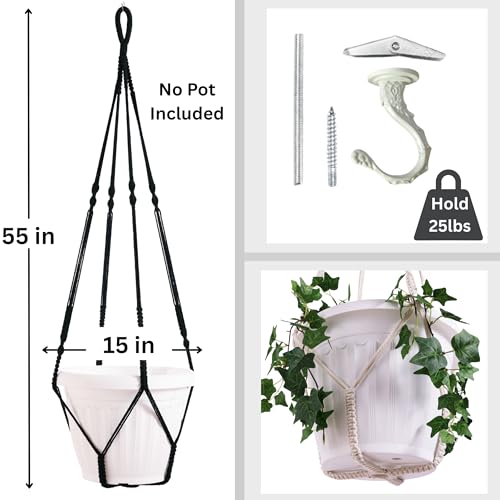 Giant XXL 55 Inches Macrame Planter Hanger Large for 15 inch Pot + Swag Hook | Extra Large Hanging Planter for Indoor Plants | No Pot/Plant Included (XXL Black) - color: Black