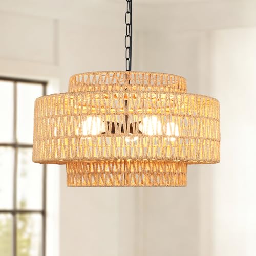 24" Large Rattan Chandelier, 6-Light Boho Dining Room Light Fixture Over Table, Natural Handwoven Wicker Pendant Lamp for Living Room, Coastal Farmhouse Hanging Ceiling Light - color: Beige-W60cm