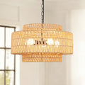 24" Large Rattan Chandelier, 6-Light Boho Dining Room Light Fixture Over Table, Natural Handwoven Wicker Pendant Lamp for Living Room, Coastal Farmhouse Hanging Ceiling Light - color: Beige-W60cm