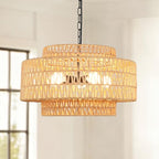 24" Large Rattan Chandelier, 6-Light Boho Dining Room Light Fixture Over Table, Natural Handwoven Wicker Pendant Lamp for Living Room, Coastal Farmhouse Hanging Ceiling Light - color: Beige-W60cm