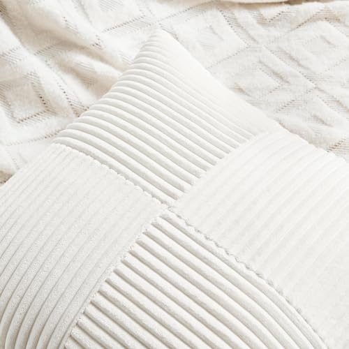 Fancy Homi 2 Packs Cream White Samll Decorative Throw Pillow Covers 12x12 Inch with for Couch Bed Sofa, Rustic Farmhouse Boho Home Decor, Soft Corss Patchwork Corduroy Square Cushion Case 30x30 cm - color: Cream White, size: 12" x 12" (Pack of 2)
