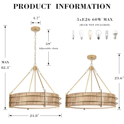 24.8" Boho Rattan Chandelier, 5-Light Large Hand-Woven Rattan Chandeliers with Wicker Shade, Rustic Gold Pendant Light for Dining Room, Living Room, Bedroom, Kitchen, Foyer - size: 24.8 inch