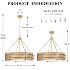 24.8" Boho Rattan Chandelier, 5-Light Large Hand-Woven Rattan Chandeliers with Wicker Shade, Rustic Gold Pendant Light for Dining Room, Living Room, Bedroom, Kitchen, Foyer - size: 24.8 inch