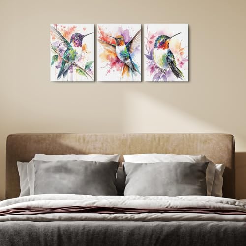 3 Pcs Bohemian Style Hummingbird Canvas Wall Art, Watercolor Birds Wall Decor Modern Abstract Framed Prints for Home Living Room Office Apartment Decor, Housewarming Gifts 11.5x15 Inch - color: Multi 1367