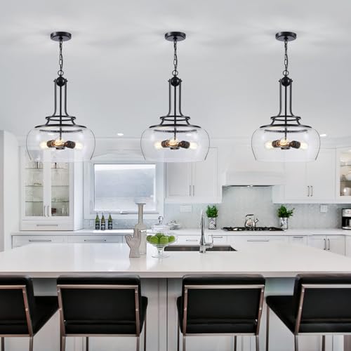 WUZUPS Chandelier Rustic Farmhouse Industrial Round Ceiling Pendant LED Light Fixture Clear Seeded Glass Shade for Dining Room Kitchen Island Foyer Entryway, H 20.9" x W 15.9", Black - color: Pendant Light, Black, 3-Light, size: H 20.9" * W 15.9"