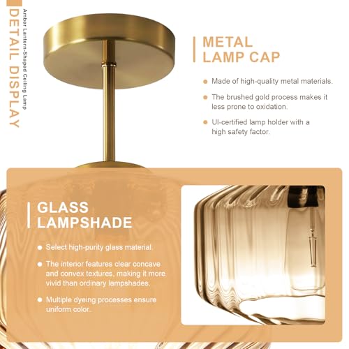 Amber Glass Flush Mount Ceiling Light Fixture, 11.02 Inch Modern Dome Light with Warm Gold Finish for Bedroom, Kitchen, Textured Glass Shade, Easy to Install, 1-Light E26 Socket - color: Amber, 1-Light