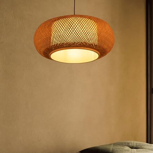Bamboo Wicker Rattan Shade Pendant Lamp 23.62 inch Woven Rattan Chandelier Country Style Weave Hanging Light for Bedroom Living Dinning Room Kitchen Island