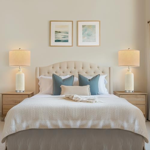 Living Room Lamps Set of 2, 27" Touch Lamps for Nightstand with USB A+C Ports, Modern Farmhouse Table Lamps for Bedroom, Beige - color: Beige