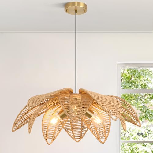 24” Floral Rattan Chandeliers Lights Fixture for Dining Room, 3-Light Large Farmhouse Boho Pendant Lights Fixture, Hanging Hand Woven Wicker Ceiling Lights for Kitchen Island Bedroom Living Room - style: Boho-Flower-24in