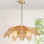 24” Floral Rattan Chandeliers Lights Fixture for Dining Room, 3-Light Large Farmhouse Boho Pendant Lights Fixture, Hanging Hand Woven Wicker Ceiling Lights for Kitchen Island Bedroom Living Room - style: Boho-Flower-24in