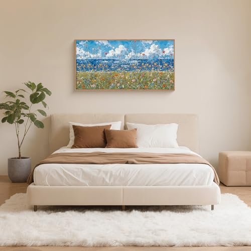 BICERE Large Blue Seaside Wildflower Framed Canvas Wall Art,Modern Nature Ocean Wall Decor,Rustic Sky Printing,White Cloud Landscape Artwork for Living Room,Bedroom,Dining Room-20"x40"x1 - color: Seaside Flowers Wall Art, size: 40"L x 20"W