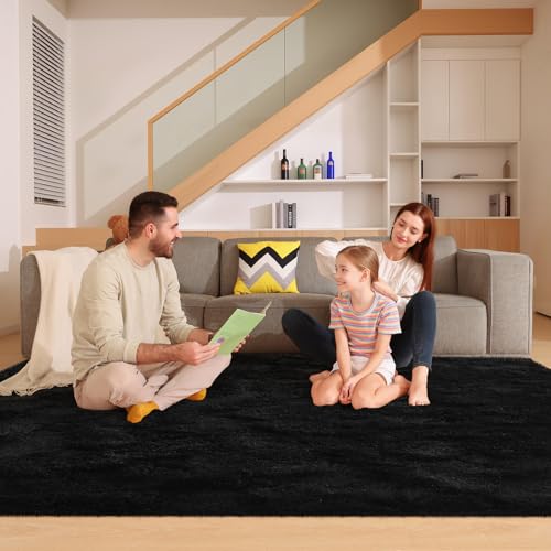 6x9 Black Rugs for Living Room Bedroom, Fluffy Large Area Rug Soft Shag Non-Slip Carpet for Kids Boys and Girls Room Dorm Home Decor (6ft x 9ft) - color: Black, size: 6' x 9' (Rectangular)