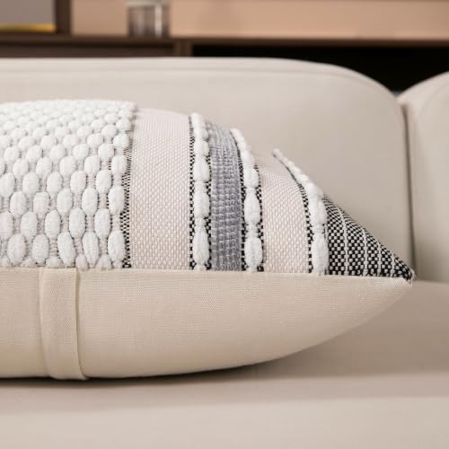 Boho Striped Throw Pillow Covers 18x18 Inch Set of 2 Farmhouse Square Decorative Pillow Covers Chenille Tufted Accent Neutral Pillowcase Black White Cushion Cover for Livingroom Couch Sofa Bed - color: Black White