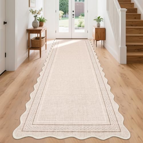 GarveeHome Scalloped Washable Runner 2x8 Rugs for Entryway Non Slip Kitchen Runner Beige Bordered Neutral Rugs Low Pile Hallway Rug Stain Resistant Carpet for Bathroom Laundry Room, Beige - color: Beige, size: 2' x 8' (Runner)
