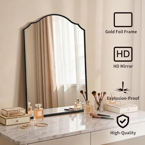 Besdomus Scalloped Black Mirror for Bathroom: 24"x36" Minimalist Modern Arched Mirror - Wooden Frame Wall for Vanity/Bedroom/Mantle/Entryway/Fireplace/Hallway - Idea for Housewife - color: Black, size: 36"L x 24"W