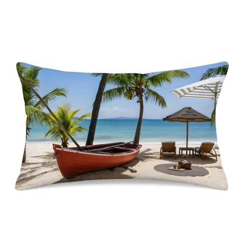 Summer Tropical Beach Throw Pillow Covers 12x20 Inch Exotic Seaside Palm Trees Nautical Sailboat Ocean Sea Sunshine Decorative Pillow Cases Cotton Linen for Outdoor Couch Home - color: Summer Tropical Palm Trees