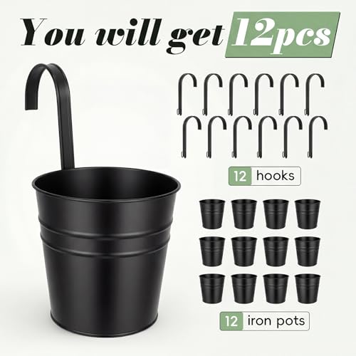 HowRU Hanging Flower Pots, Railing Planter Box for Outdoor Plants 12 Pack 5 Inch Metal Hanging Planters with Detachable Hooks Balcony Window Fence Garden Decoration Flower Boxes (Black) - color: Black