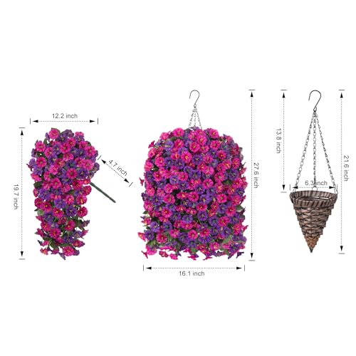 Artificial Fake Flowers Plants Hanging Baskets for Outdoor Outside, Faux Silk Hanging Dark Purple and Fuchsia Morning Glory Trailing Vines UV Resistant Look Real for Porch Patio Home Decoration - color: Dark Purple+fuchsia