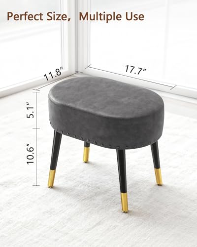 LITZFUR Vanity Stool Chair for Makeup, Pu Leather Oval Footrest, Vintage Rivet Ottoman Bench with Metal Legs, Dressing Stool for Batheroom, Living Room, Entryway, Grey - color: Grey