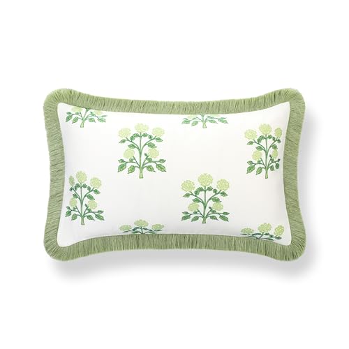 Hofdeco Premium Grandmillennial Coastal Hampton Patio Indoor Outdoor Lumbar Pillow Cover Only, 12"x20" Water Repellent for Backyard, Couch, Poolside, Grass Green Print Hydrangea Flowers - color: Grass Green Hydrangea Flowers 12"x20"