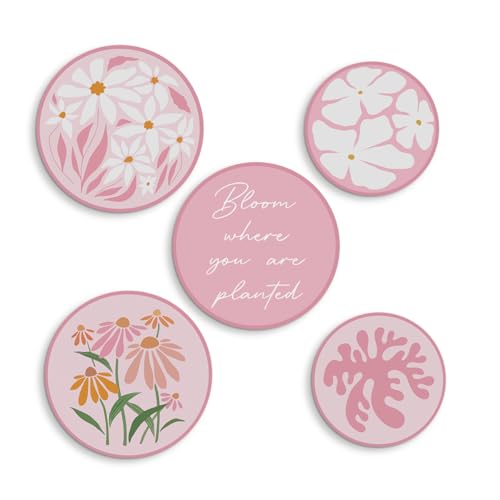 5 Pcs Funny Pink Flower Wall Art Hippie Floral Print Aesthetic Hanging Decor for Apartment Bedroom Living Room Dining Room Farmhouse Porch Kitchen - color: Pink Flower