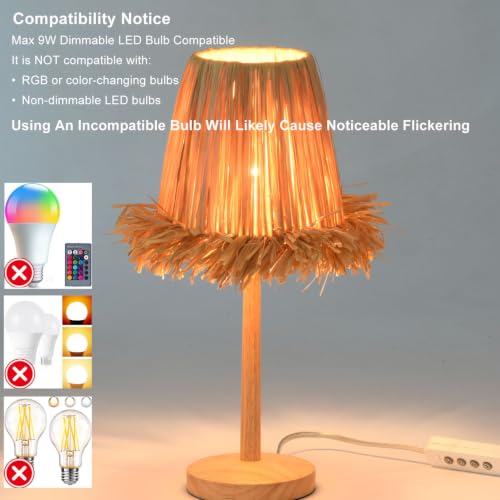 Boho Style Rattan Table Lamp,Dimmable Bamboo Desk Lamp,Timer Build in,Raffia Shade - color: Raffia