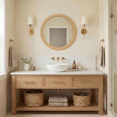 Barnyard Designs Rattan Wall Mirror, Round Farmhouse Boho Accent for Bathroom, Entryway or Bedroom, Handwoven Natural Honey Rattan Frame (25.5", Round) - size: 25.5"L x 25.5"W