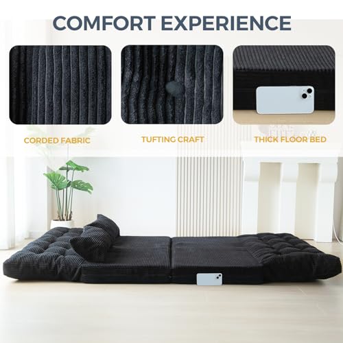 MAXYOYO Folding Sofa Bed, Tufted Bean Bag Bed with Pillows Floor Couch for Adults, Extra Thick and Long Floor Sofa, Full Floor Couch Bed for Bedroom Living Room, Black, 54x91 Inch - color: Black, size: Tufted Full