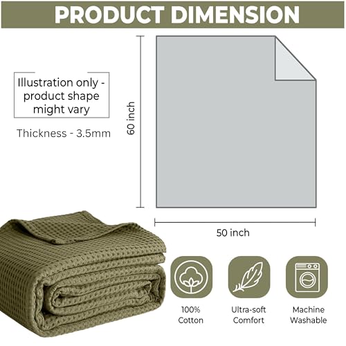 100% Cotton Blankets for Bed - Waffle Weave Blankets for Summer, Lightweight and Breathable Soft Woven Blanket for Spring (Olive Green, Throw (50" x 60")) - color: Olive Green, size: Throw (50" x 60")