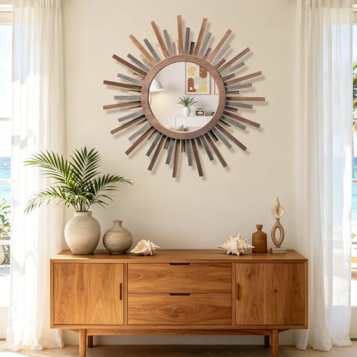 24 Inch Boho Sunburst Mirror, Decorative Rustic Farmhouse Wall Decor for Living Room, Bedroom, Bathroom, Hallway - Tricolor Wood Frame - color: Trilcolor, size: 24"L x 24"W