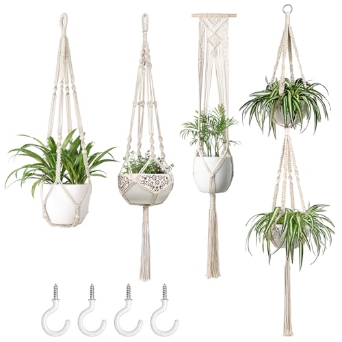 Mkono Macrame Plant Hangers Set of 4 Indoor Hanging Planter Basket Wall Decorative Flower Pot Holder with 4 Hooks for Indoor Outdoor Home Decor Gift Box, Ivory - color: Ivory