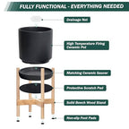 D'vine Dev Ceramic Planter with Natural Stand - 8 Inch Modern Round Flower Pot with Wood Planter Holder, Black, 55-B-N-2 - color: Black Pot + Natural Stand, size: 8 Inch