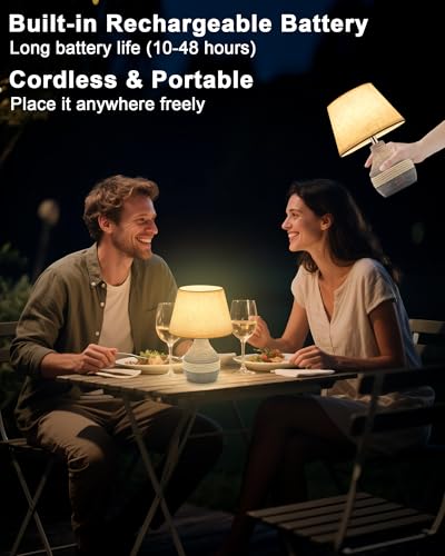 10" H Small Rechargeable Cordless Ceramic Table Lamp with Remote, RGB & Warm White Light, Timer & Dimmer, Battery Table Lamp with Linen Shade for Patio, Bedroom, Living Room, Dining Table - size: Mini-10"H