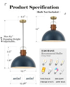 ELYONA 16” Large Ash Wood Pendant Light with Hammered Blue Metal & Brushed Brass Handle Large Pendant Light Fixtures Modern Dome Hanging Lamp for Kitchen Island, Dining Table, Bedroom, Hallway - color: Blue - 1 Pack