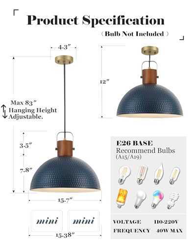 ELYONA 2 Pack Large Ash Wood Pendant Light Fixtures 16 Inch Hammered Metal Dome Hanging Lamp with Brass Handle Chandeliers for Farmhouse Kitchen Island Dining Room Sink Bedroom Hallway, Modern Blue - color: Blue - 2 Pack
