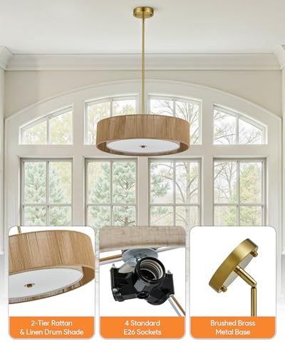 VONLUCE 20" Boho Rattan Chandelier, 4-Light Drum Chandelier with 2-Tier Woven Lampshade, Rattan Ceiling Light for Dining Room Bedroom Living Room with E26 Sockets, Gold Finish, ETL Certified - color: Gold, size: 20inch