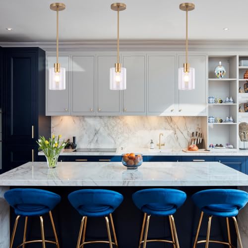 Brass Pendant Lights Kitchen Island,Modern Farmhouse Clear Glass Pendant Light,Gold Light Fixture Kitchen Pendant Mini Hanging Light Fixture for Sink (Brass 2 Pack stem Rod) - color: brass 2 pack stem rod