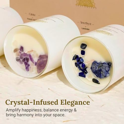 AvaConcept Healing Crystal Candle Gift Set – Set of 3 Citrine, Amethyst & Lazurite Hand-Poured Soy Wax French Vanilla, Lavender & Sea Salt Orchid Aromatherapy Scents 3.5oz Each | Premium Gift Box - size: 3.5oz, style: French Vanilla, Lavender & Sea Salt O