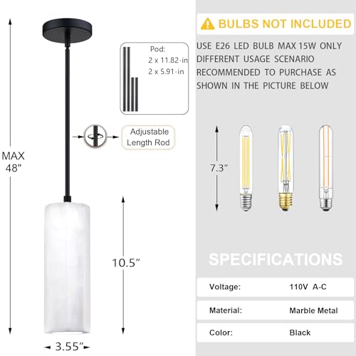 2 Pack 1 Light Hanging Kitchen Island Natural Polyhedral Alabaster Marble Pendant Ceiling Light Fixture,Modern Industrial Farmhouse Light Black Finish Over Sink Restaurant bar Corridor - color: Black 3.6" Round Marble, size: 2 Pack