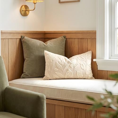 BlissBlush Decorative Lumbar Pillow Cover 12x20, Beige Neutral Accent Velvet Throw Pillowcase for Couch Sofa Living Room, Floral Tufted Rectangular Cushion, Cover Only - color: Beige Cream, size: 20" x 12" (Pack of 1)