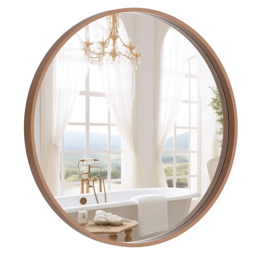 WallBeyond Wood Round Mirror with Wood Frame 24 inch Circle Wall Mirror for Bathroom Round Wall Mirror for Wall Decor, Vanity, Entryway Living Room (Walnut) - color: Walnut, size: 24"L x 24"W