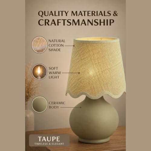 Benton Ceramic Table Lamp with Fabric Shade – 13" Bedside Accent Lamp for Bedroom, Living Room & Nightstand (Taupe) - color: Taupe
