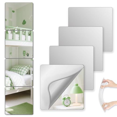 Shatterproof Peel and Stick on Mirror Tiles for Wall Decorative, 4 pcs 8”x8” Unbreakable Small Mirrors for Wall Classroom Decor, Toddlers Mirror for Kids Bedroom, Plastic Door Adhesive Mirrors - color: Silver, size: 4 Pcs-8x8 Inch