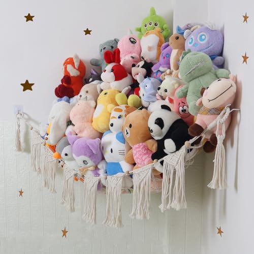 Large Stuffed Animal Hammock or Net, Macrame Boho Toy Hammock with LED Light, Decorate Net for Stuffed Animals Corner, Space Saving Hanging Stuff Animal Organizer Holder for Kids Bedroom Playroom - style: B