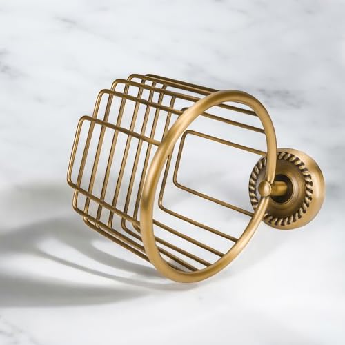 Vintage Bronze Wall Mounted Toilet Paper Holder – Antique Brass Bathroom Accessories Tissue Dispenser with Stable Metal Stand, Wire Basket Storage Rack - for Roll with Diameter <5inch Only